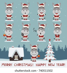 Merry christmas and happy new year! Set of donkey in costume and hat in different poses.