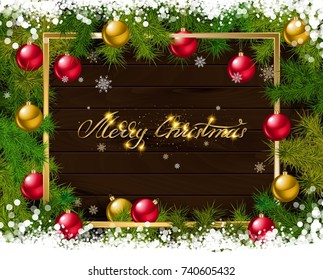 Merry Christmas and Happy New Year illustration. Beautiful gift card with golden balls on fir tree branches. Elegant vector background with gold confetti for xmas design.