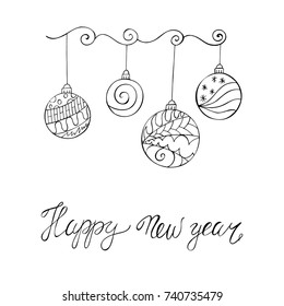 Merry Christmas and Happy New Year greeting card. Hand drawn illustration in zentangle style.