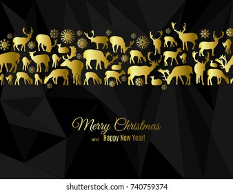 Merry Christmas and Happy New Year greeting card with deers and snowflakes gold pattern on black polygon background. Abstract background for Christmas decoration. Vector winter holiday illustration.