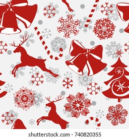 Merry Christmas and Happy New Year! Seamless pattern, holiday backgrounds with trees, bells, snowflakes, candies and silhouette reindeer.