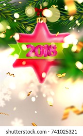 Merry Christmas and Happy New Year 2018 decorations | Greeting card vector template | Xmas tree branch | Holiday illustration for posters, placards, banners and flyers