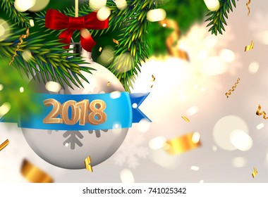 Merry Christmas and Happy New Year 2018 decorations | Greeting card vector template | Xmas tree branch | Holiday illustration for posters, placards, banners and flyers