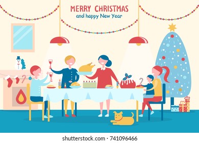 Merry Christmas and Happy New Year poster with family that has festive dinner together besides decorated holiday tree cartoon vector illustration.