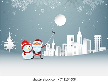 Merry Christmas and happy new year Santa Claus and the snowman Taking a Photo on the sky coming to City, Vector illustration,Paper art and craft style.