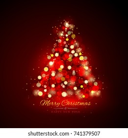 Merry Christmas and Happy New Year, Christmas Tree Light and Text. greeting card or poster template flyer or invitation design. Vector Illustration.
