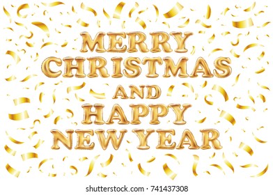 merry Christmas and happy new year card. Gold template over white background with golden confetti. Happy new year. space abstraction. Fallen snow area. Vector illustration. art