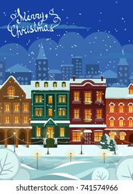 Merry Christmas and Happy New Year snowy city Background with Winter City Landscape. cozy house and trees. Christmas eve in old town.
Christmas greeting card background poster. Vector illustration.
