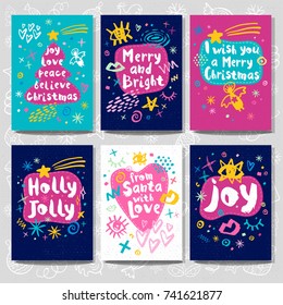 Merry Christmas Happy New Year set sketch style. Christmas lettering greeting cards. Multicolor doodles trendy firecracker fireworks. Hand drawn vector illustration.