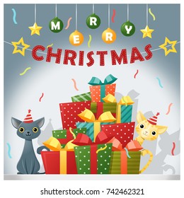 Merry Christmas and happy new year background with cats standing behind gift boxes , vector , illustration