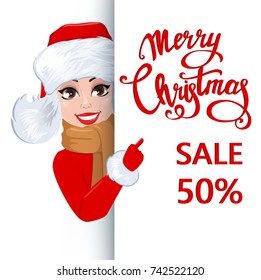 Merry Christmas and Happy New Year vector illustration. Pretty woman standing behind a sign and showing on white placard with lettering. Happy smiling cartoon character. 