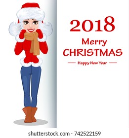 Merry Christmas and Happy New Year vector illustration. Pretty woman standing near a placard with greetings. Happy smiling cartoon character. 