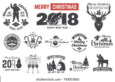Merry Christmas and Happy New Year 2018 retro template with Santa Claus, Christmas tree, gifts and reindeer. Vector illustration. Xmas design for congratulation cards, invitations, banners and flyers.