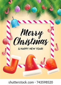 Merry Christmas and Happy New Year congratulation card with different xmas items on yellow background with fir tree branches