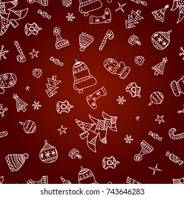 Merry Christmas and Happy New Year vector doodles seamless pattern. Christmas tree baubles, hats, sweets, Santa socks, gifts, stars, snowflakes and bells.