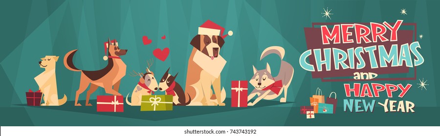 Merry Christmas And Happy New Year Horizontal Banner With Dogs Wearing Santa Hats Winter Holidays Greeting Card Flat Vector Illustration