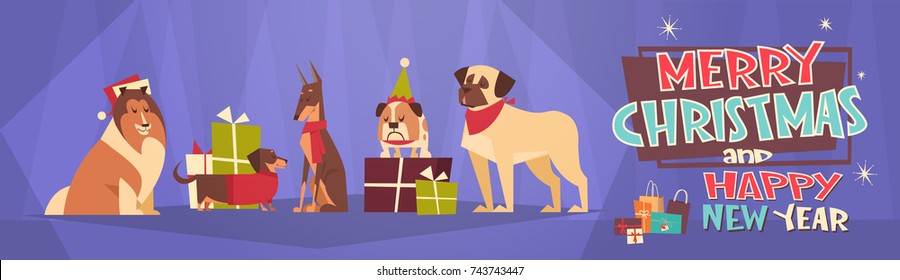 Merry Christmas And Happy New Year Horizontal Banner With Dogs Wearing Santa Hats Winter Holidays Greeting Card Flat Vector Illustration