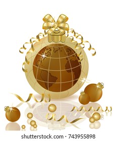 Merry Christmas & Happy New year golden planet and xmas balls, vector illustration