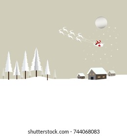
Merry Christmas and Happy New Year. Illustration of Santa Claus on the sky coming to village.