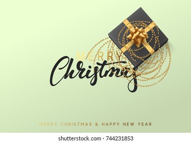 Merry Christmas and Happy New Year illustration with a gift box entwined with golden beads.