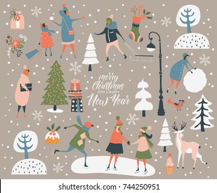 Merry Christmas and happy New year vector greeting card with winter games and people. Celebration template with playing cute people in vintage style.