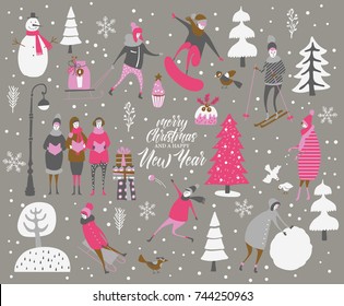 Merry Christmas and happy New year vector greeting card with winter games and people. Celebration template with playing cute people in vintage style.