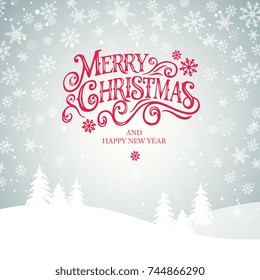 Merry Christmas and Happy New Year  typography vector design for greeting cards and poster. Merry Christmas hand lettering. Christmas  with winter landscape with snowflakes, light.Vector illustration.