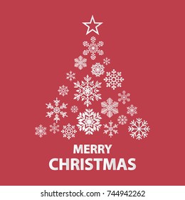 Merry Christmas and Happy New Year greeting card. Snowflake with Christmas tree shape on red background. Paper art style. Vector illustration.