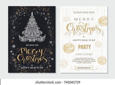 Merry Christmas and Happy New Year party placard. Poster template with hand drawn lettering and design elements