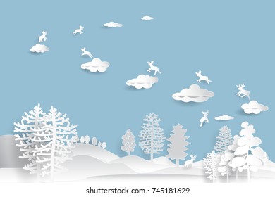 Merry Christmas and Happy New Year, paper art and landscape crafts with reindeer, mountain and cloud beauty used for printing on book cover, banner, magazine, greeting card, vector illustration.