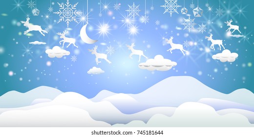 Merry Christmas and Happy New Year, snowflake landscape will falling with cloud and mountain beauty can be used for printing on book cover, banner,magazine,greeting card,Vector illustration 