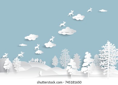 Merry Christmas and Happy New Year, paper art and landscape crafts with reindeer, mountain and cloud beauty used for printing on book cover, banner, magazine, greeting card, vector illustration.
