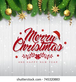 merry christmas and happy new year typography, santa’s hat, christmas tree, glitter balls, hanging stars, ribbons, and snow decoration for flyers, poster, web, banner, and card vector illustration