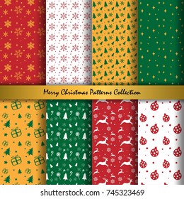 Merry Christmas and Happy New Year Collection of seamless patterns with red, yellow, green and white colors background. Vector illustration.