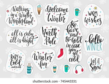 Merry Christmas Happy New Year simple lettering set. Winter Holidays vector. Calligraphy card postcard graphic design element. Hand written sign. Photo overlay  North Pole Baby cold outside