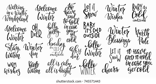 Merry Christmas Happy New Year simple sticker lettering set. Winter Holidays vector. Calligraphy card postcard graphic design element. Hand written sign. Photo overlay  North Pole Baby cold outside