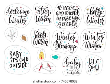 Merry Christmas Happy New Year simple sticker lettering set. Winter Holidays vector. Calligraphy card postcard graphic design element. Hand written sign. Photo overlay  North Pole Baby cold outside