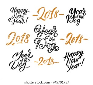 Merry Christmas. Happy New Year, 2018. Typography set. Vector logo, emblems, text design. Usable for banners, greeting cards, gifts etc.