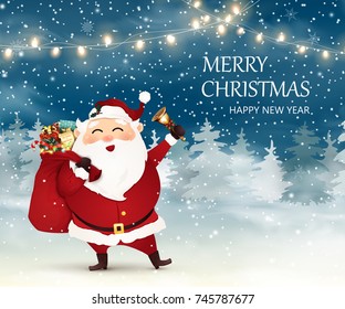 Merry Christmas. Happy new year. Cute, Cheerful Santa Claus with christmas bag full of gift boxes, present. jingle bell in Christmas snow scene. Winter Woodland Landscape with snow, lights garlands.