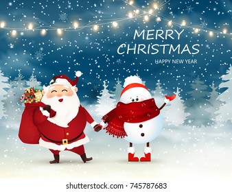 Merry Christmas. Happy new year. Cute, Cheerful Santa Claus with gift bag full of gift boxes, present and little snowman in Christmas snow scene. Winter Woodland Landscape with snow, lights garlands.