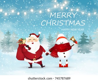 Merry Christmas. Happy new year. Cute, Cheerful Santa Claus with gift bag full of gift boxes, present and little, baby snowman holds jingle bell in Christmas snow scene. Winter landscape.