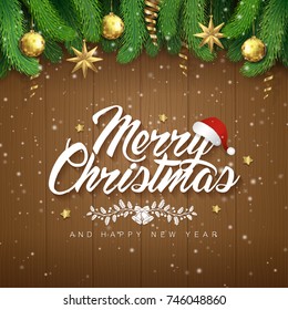 merry christmas and happy new year typography, santa’s hat, christmas tree, glitter balls, hanging stars, ribbons, and snow decoration for flyers, poster, web, banner, and card vector illustration
