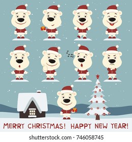 Merry christmas and happy new year! Set of polar bear in costume and hat in different poses.