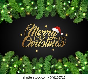 merry christmas and happy new year typography, santa’s hat, christmas tree, stars and ribbons decoration for flyers, poster, web, banner, and card vector illustration