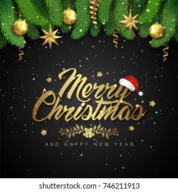 merry christmas and happy new year typography, santa’s hat, christmas tree, glitter balls, hanging stars, ribbons, and snow decoration for flyers, poster, web, banner, and card vector illustration