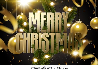 Merry Christmas and happy new year design, Golden text on the Christmas fir tree, Sparkle gold Christmas ball with falling golden ribbons isolate on black background.