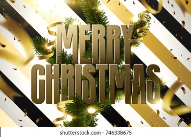 Merry Christmas and happy new year design, Golden text on the Christmas fir tree, Sparkle white Christmas ball with falling golden ribbons isolate on gold and black slash background.