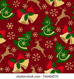 Merry Christmas and Happy New Year! Seamless pattern, holiday backgrounds with trees, bells, snowflakes and mistletoe.