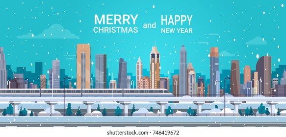 Merry Christmas And Happy New Year Poster With Winter City Landscape Snowy Cityscape Background Flat Vector Illustration