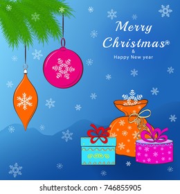 Merry Christmas and Happy New Year 2020 greeting card with christmas balls, gift boxes with ribbon bow and santa bag on winter background with snowflakes. Holiday banner, poster, invitation template